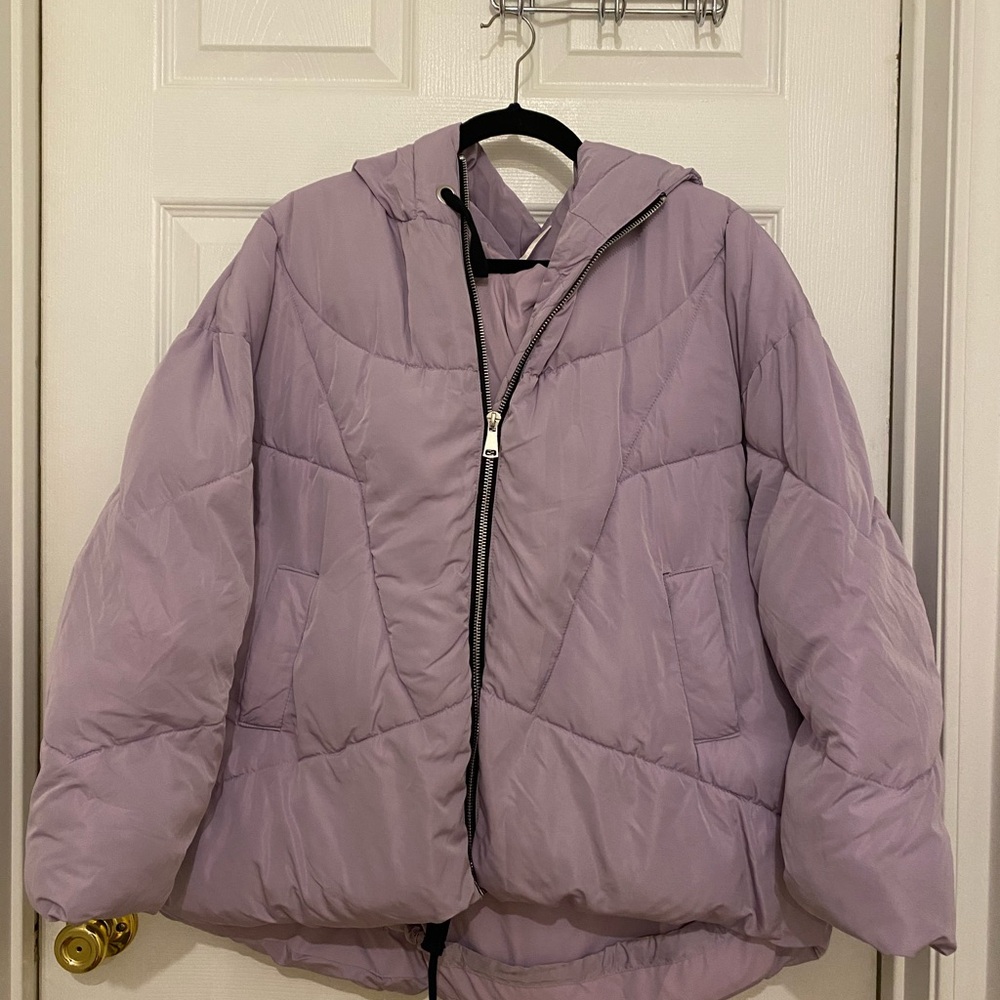 Free People Purple Quilted Puffer Jacket with Hood and Silver Zipper